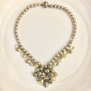 Vintage Sea Pearl and Rhinestone Cluster Necklace